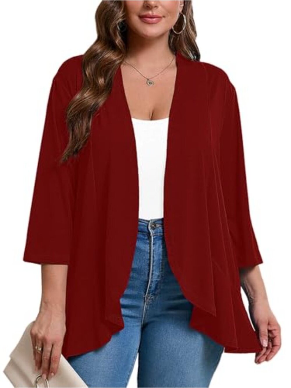 Plus Size Lightweight 3/4 Sleeve Open Front Cardigan with Draped Ruffles